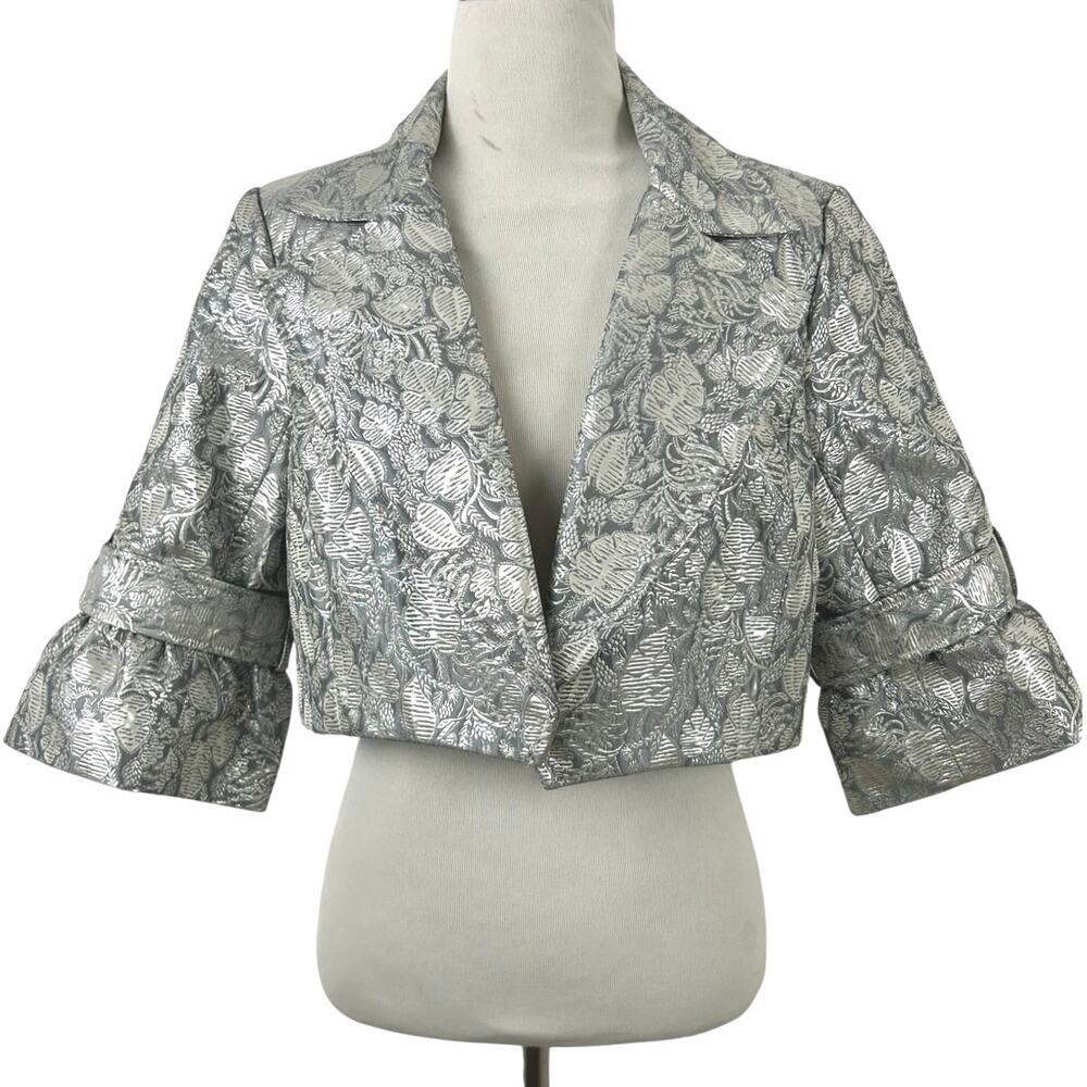 Badgley Mischka Metallic Floral Brocade Cropped Jacket Bell Sleeve Evening